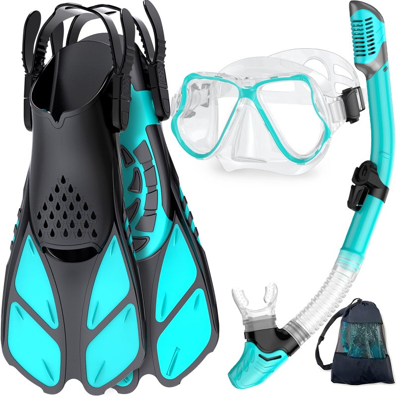 Zenoplige Mask Fins Snorkel Set, Snorkeling Gear for Adults, Panoramic View Snorkel Mask Anti-Fog, Adjustable Dive Flippers, Dry Top Snorkel and Travel Bag, Scuba Gear for Swimming Snorkeling Diving - Image 1